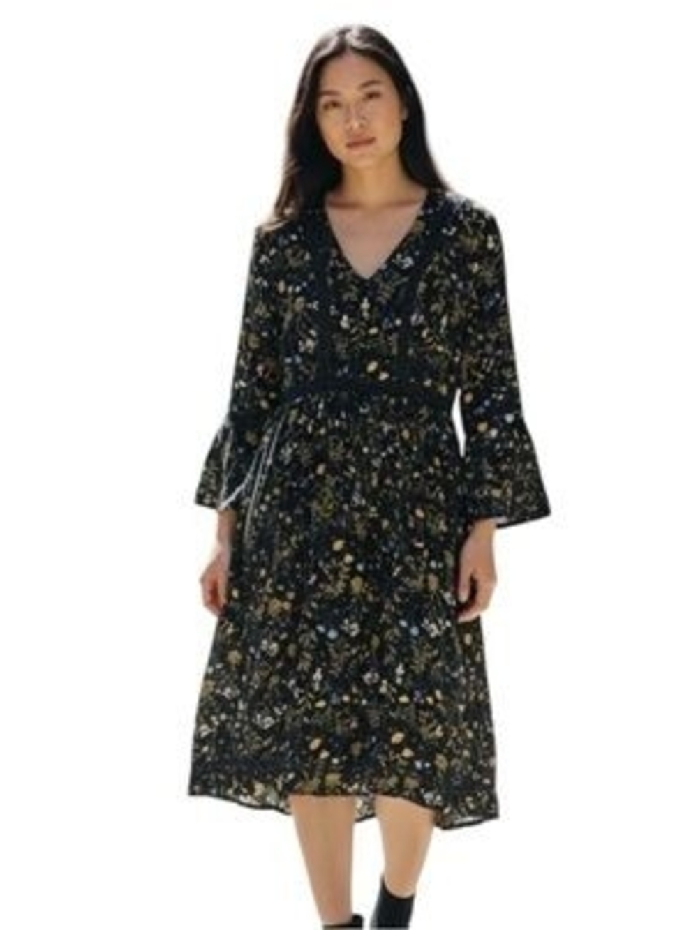 NEW EARTHBOUND Trading Co Navy Floral Midi Dress with Bell Sleeves Size Large